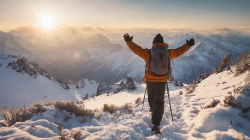 A trekker with his arms raised in triumph at the peak of the beautiful snow capped mountain with the sun starting to rise and the quote ’To give anything less than your best is to sacrifice the gift'. Tapéta [5b8ac0d719464ed19277]