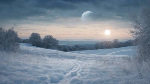 신선한 눈 덮인 풍경의 수평선에 낮게 떠 있는 조용한 푸른 달.