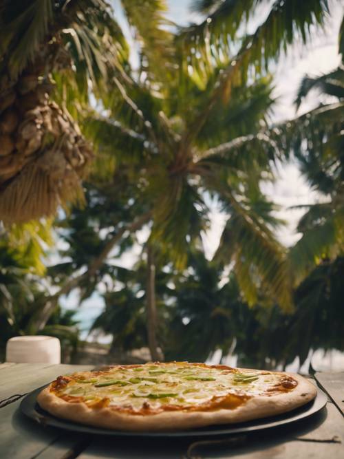 A breadfruit pizza nestled in a tropical island setting surrounded by palm trees.