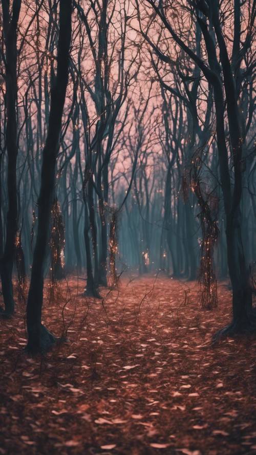 Uma misteriosa floresta futurista ao entardecer onde as árvores têm galhos metálicos e folhas digitais.