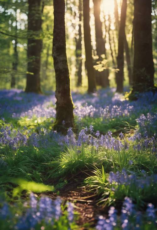 A lush forest floor covered with preppy style bluebells bathed in the morning's golden rays. Tapeta [014218d4c93a4950a2b2]