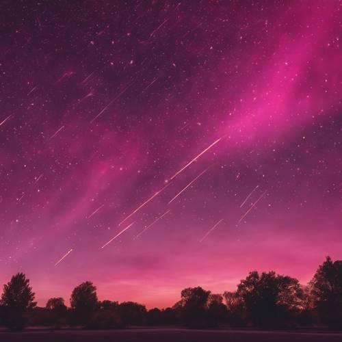 Langit malam berwarna merah jambu tua dengan komet melintas di atasnya