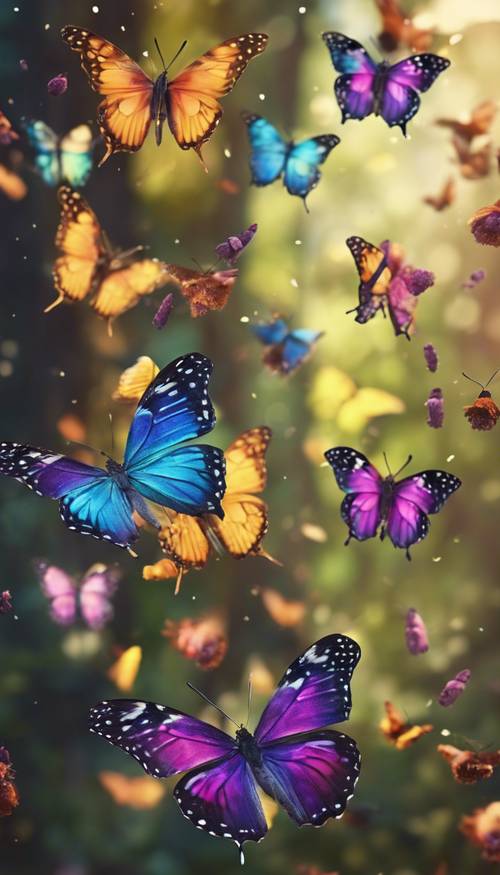 A vibrant swarm of beautifully colored butterflies flying across an enchanted forest