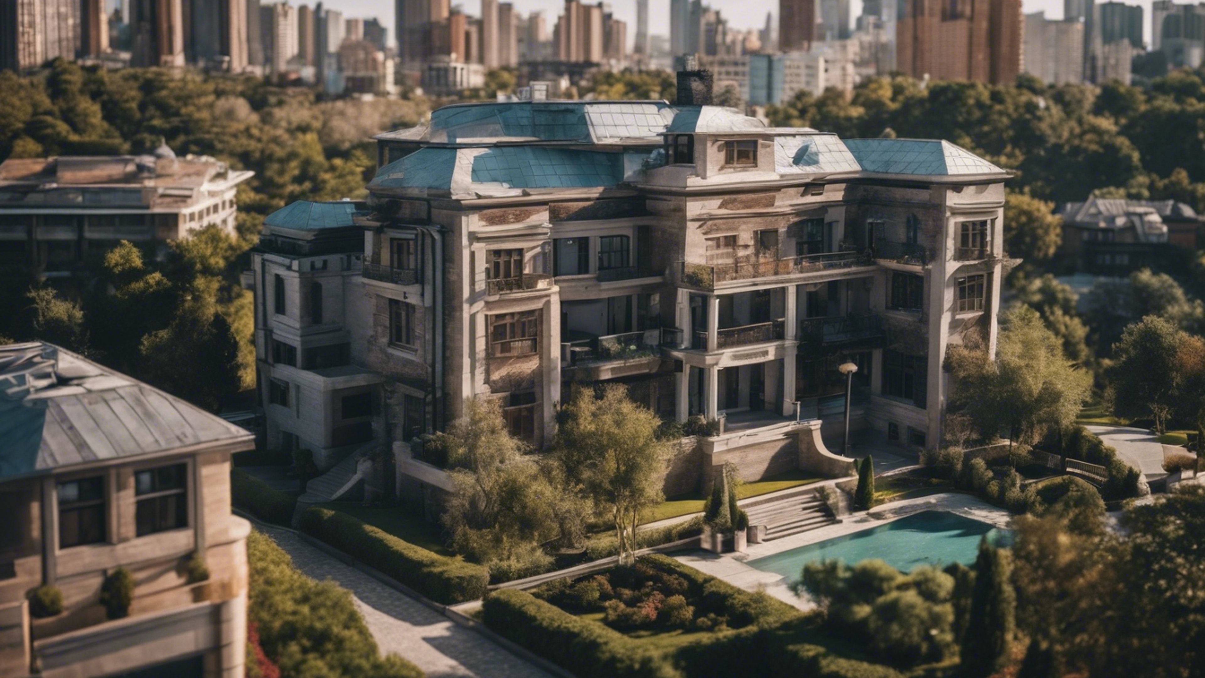 Cityscape view of a modern mansion owned by a corporate pirate. Wallpaper[e88eff9283334e7abfc2]