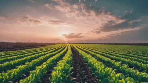 Un vasto campo agricolo futuristico con filari di colture luminose geneticamente modificate sotto un cielo crepuscolare.
