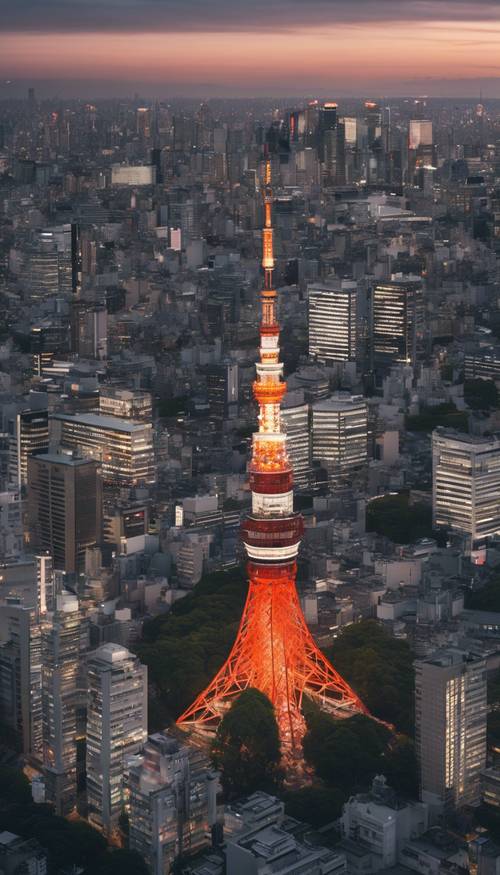 A panoramic skyline of Tokyo's skyscrapers highlighted by Tokyo Tower during the twilight hour.