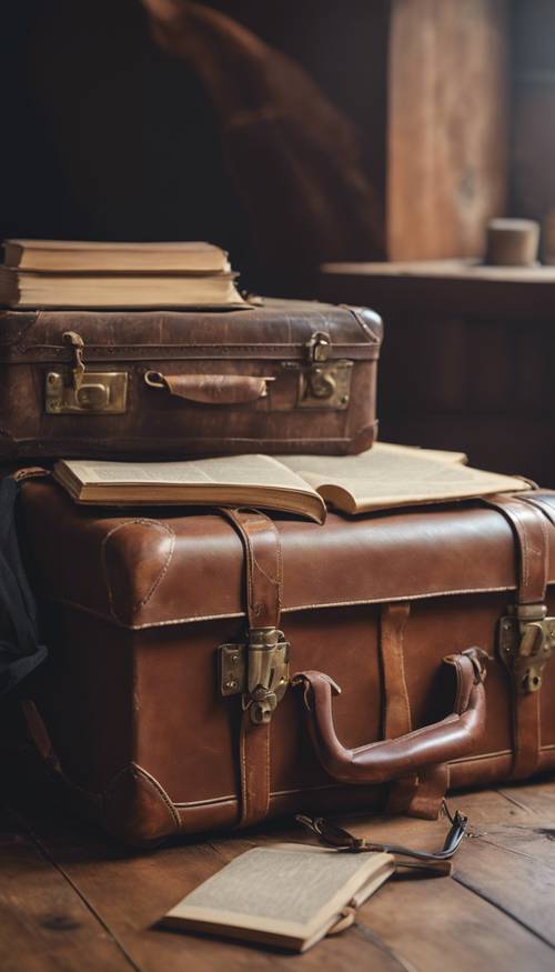 Винтажный кожаный чемодан, наполненный классическими романами, старинной одеждой и картами в деревенском стиле на деревянном полу.