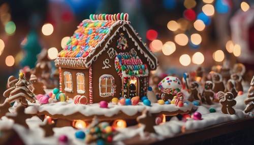 Uma casa de gengibre decorada com glacê colorido e doces, situada no topo de uma enorme vila de Natal.