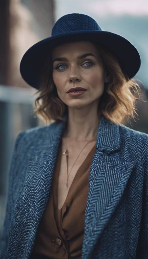 An elegant woman at a rooftop party in a sophisticated blue herringbone coat.