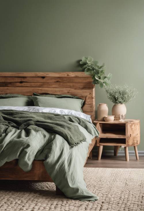 Um quarto tranquilo com lençóis verde-sálvia e uma cama de madeira.