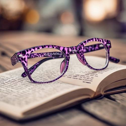 Kacamata baca trendi dengan cetakan cheetah ungu di bingkainya.