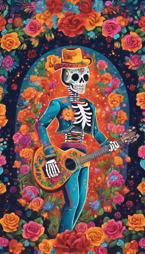 A vibrant Mexican mural depicting the traditional Day of the Dead celebration, filled with dancing skulls and flowers under the colorful fireworks.