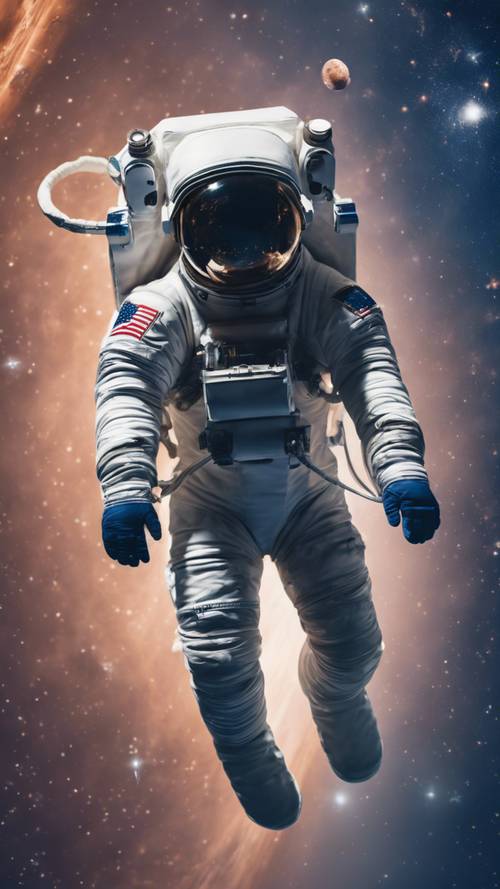一個勇敢的女人，穿著海軍藍色的太空人服，失重地漂浮在浩瀚的外太空。