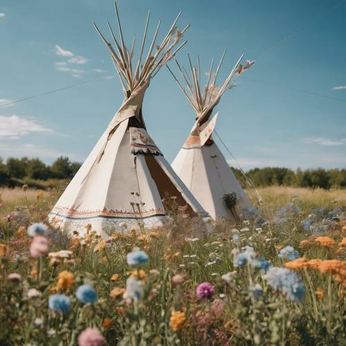 A teepee with boho decorations in a field of wildflowers, with a clear blue sky above. Taustakuva [a22f41050b2a4da5aa2d]