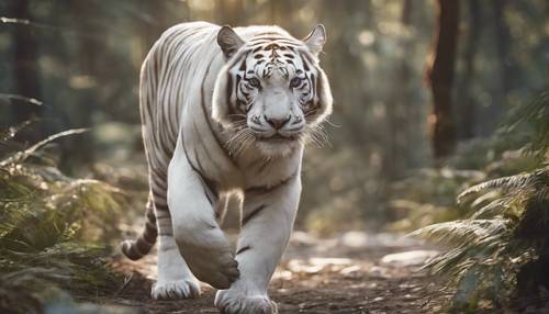 Tigre de Bengala branco caminhando por uma floresta densa e tranquila