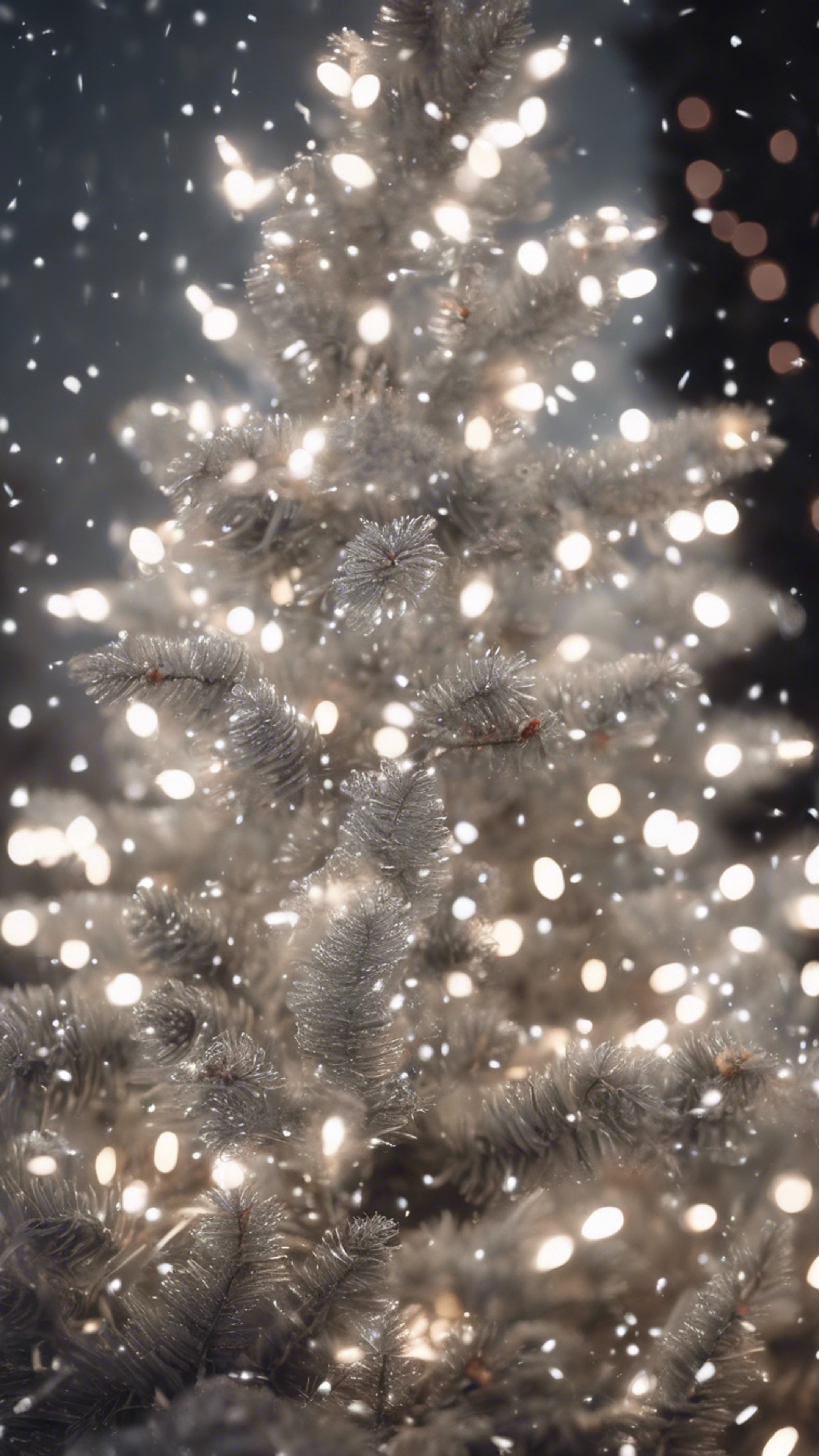 White Christmas lights shimmering on a silver spruce tree, with delicate snowflakes falling around.
