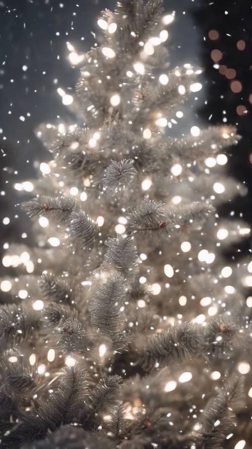Luces navideñas blancas brillando sobre un abeto plateado, con delicados copos de nieve cayendo.