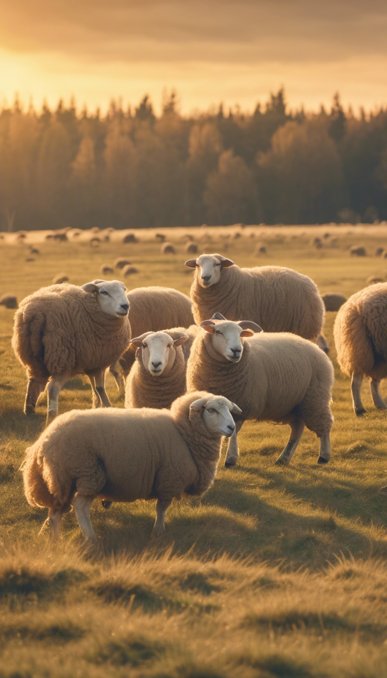 A flock of fluffy merino sheep grazing peacefully on a vast, serene meadow under a soft, golden sunset. Taustakuva[9245bdd3d59c4b57961a]
