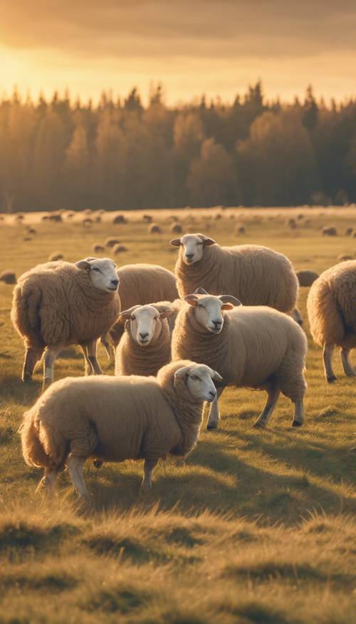 להקה של כבשי מרינו רכות רועות בשלווה על אחו עצום ושליו תחת שקיעה רכה וזהובה.