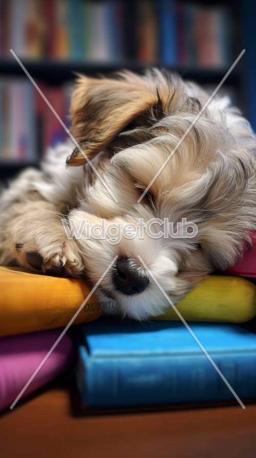 Cachorrinho dormindo abraçado em livros coloridos