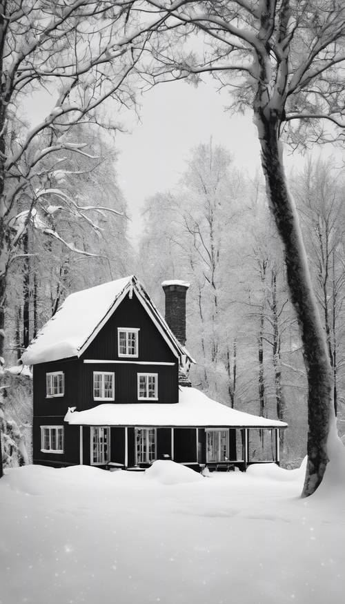 Eine Schwarz-Weiß-Szene eines gemütlichen, schneebedeckten Winterhauses, von außen gesehen.