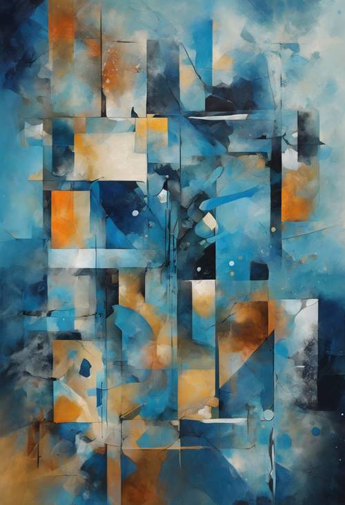 An abstract painting with chaotic yet harmonious geometric shapes in soothing blues.”