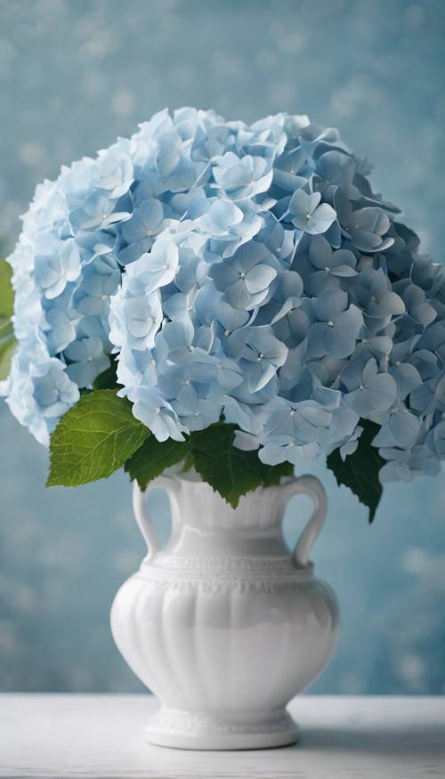 Estetyczna kompozycja baby blue hortensji w białym porcelanowym wazonie.
