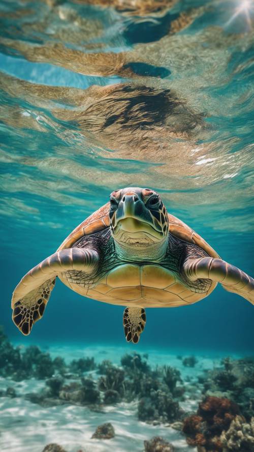 A large adult sea turtle swimming effortlessly through crystal clear tropical waters.