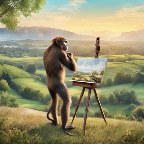 Seekor monyet rapi melukis pemandangan cat air, dikelilingi oleh suasana pedesaan yang menakjubkan.