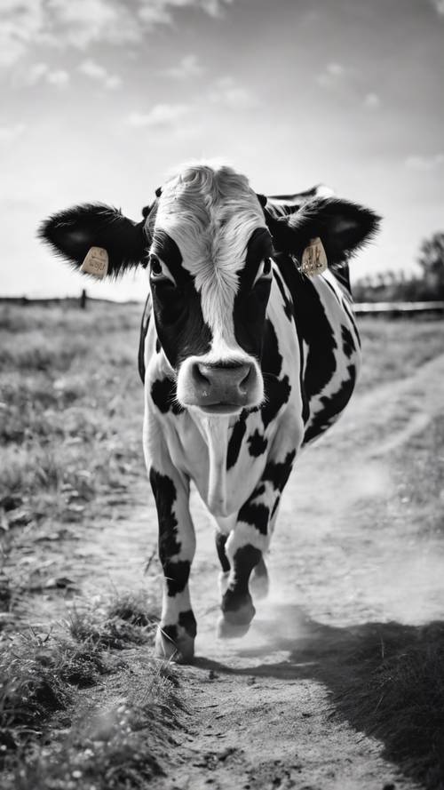 A playful black and white cow print calf galloping joyously on a sunny day.