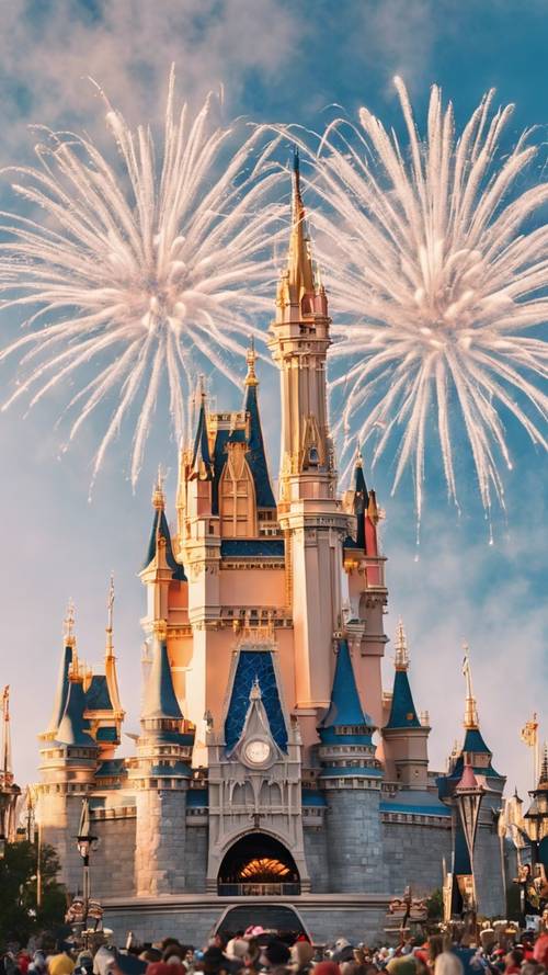 A dazzling firework display over Disney's Magic Kingdom, as seen from the Main Street U.S.A.