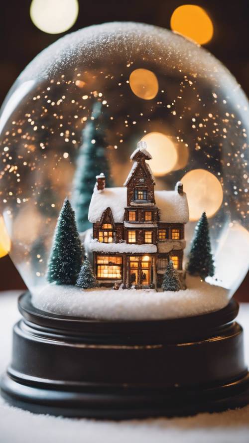 كرة ثلجية مفصلة، ​​بداخلها مدينة صغيرة تحتفل بعيد الميلاد.