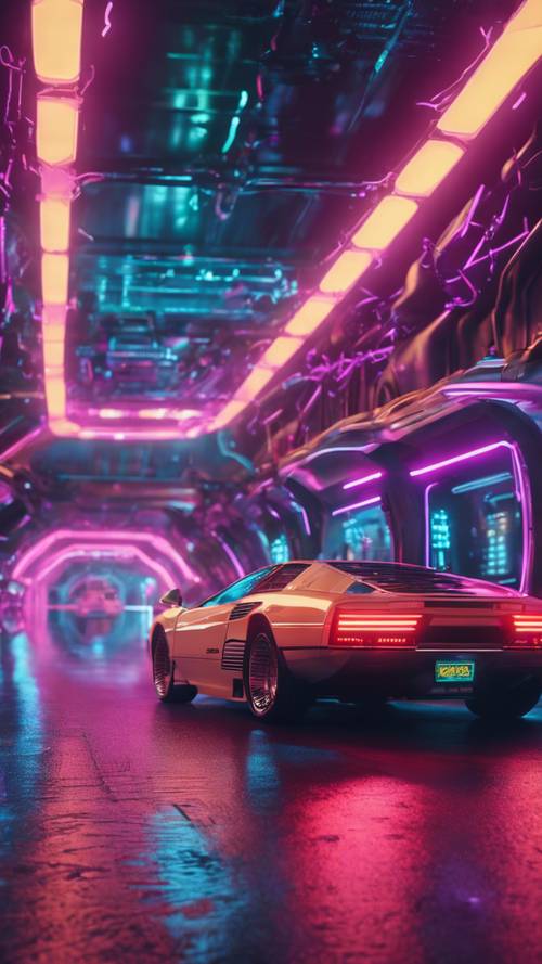 Uma cena de perseguição no estilo Cyber-Y2K com carros flutuantes acelerando por túneis iluminados por neon.