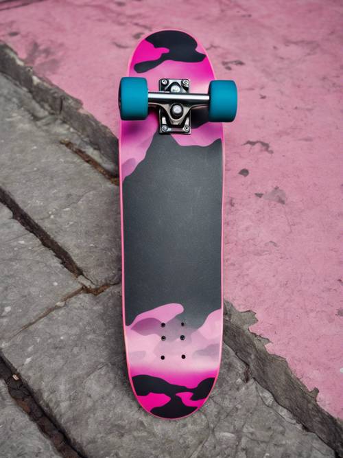 Uno skateboard con un elegante design mimetico rosa che pattina su un marciapiede cittadino.