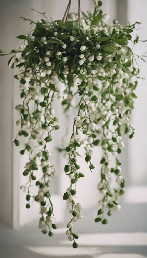 Mistletoe yang dibuat dengan tangan dari daun hijau dan buah beri putih digantung di ambang pintu.