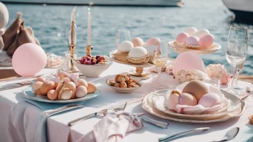 A luxury yacht deck set for a preppy Easter brunch, adorned with pastel colored balloons, linens, and egg-shaped treats.