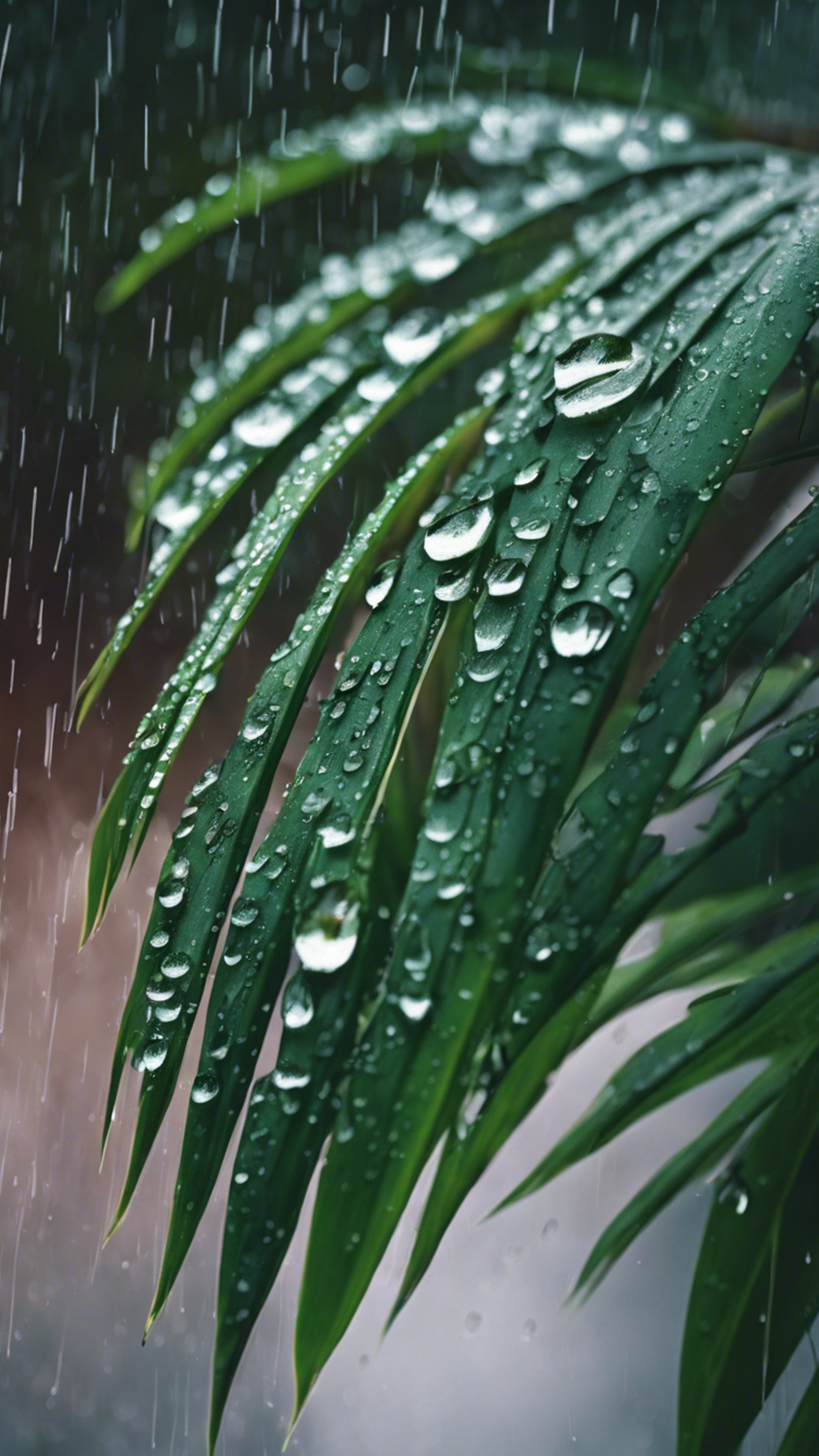 A beautifully presented palm leaf in the rain, droplets falling off its tips.壁紙[ec3663aabee2420b9456]