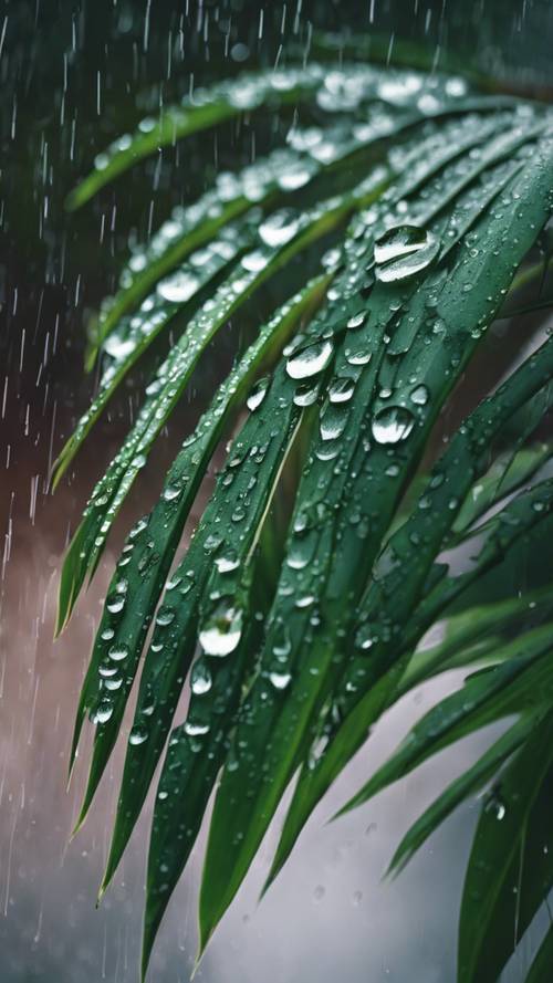A beautifully presented palm leaf in the rain, droplets falling off its tips.