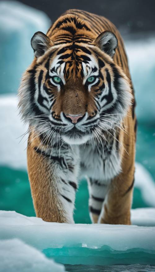 An emerald-striped tiger pacing on an iceberg in the cold Arctic, its green hues contrasting starkly with the icy blues around it. Tapeta [52097b66739d45a9bd94]