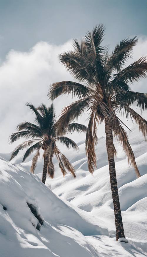 Palme bianche su un pendio di montagna coperto di neve, in netto contrasto con la loro natura tropicale