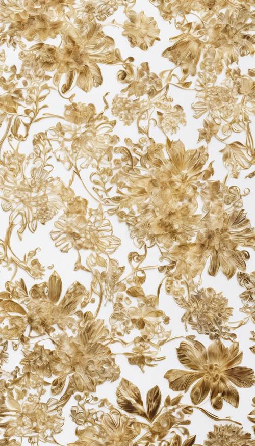 A white background featuring intricate golden floral patterns elegantly imprinted. Tapet [1d424f9454444d68a334]