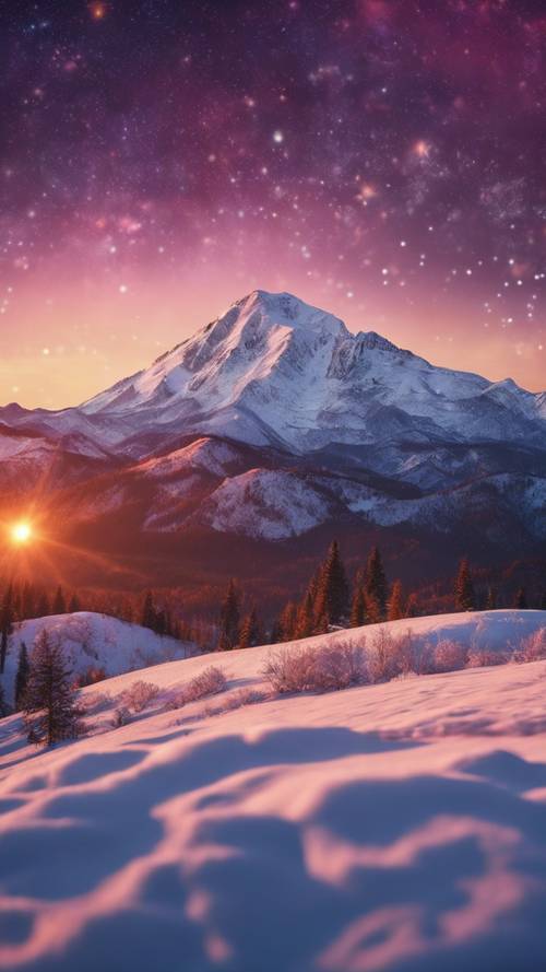 Um pôr do sol colorido em transição para uma noite estrelada sobre uma cordilheira coberta de neve.