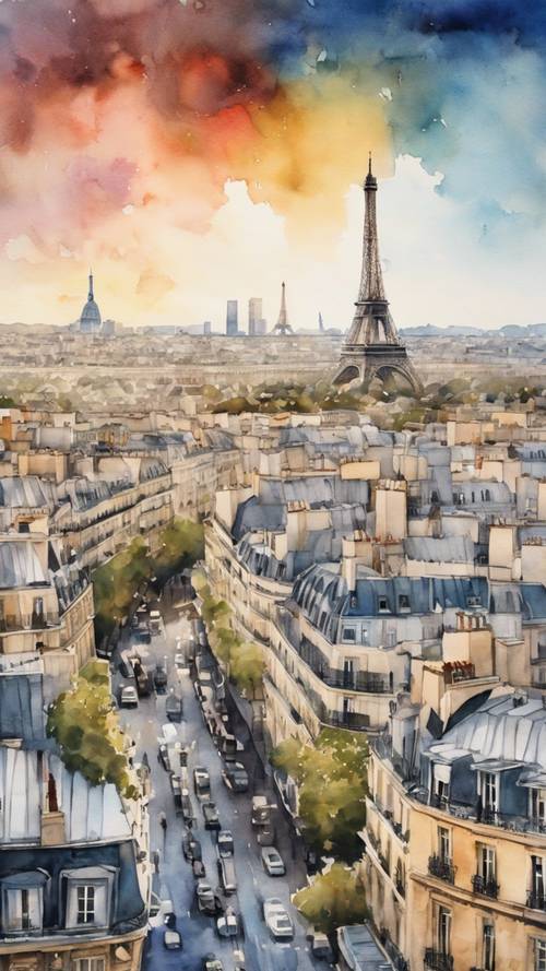 Un vivido dipinto ad acquerello dello skyline di Parigi, i suoi punti di riferimento iconici come pennellate contro un cielo serale.