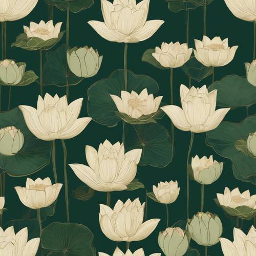Wzór tapety przedstawiający beżowe kwiaty lotosu na ciemnozielonym tle.