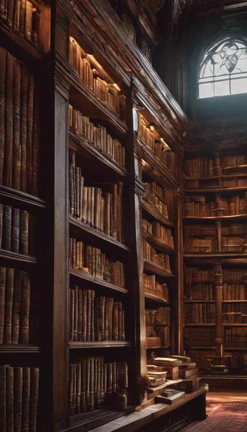 Una biblioteca victoriana con poca luz y libros antiguos en estantes de madera.