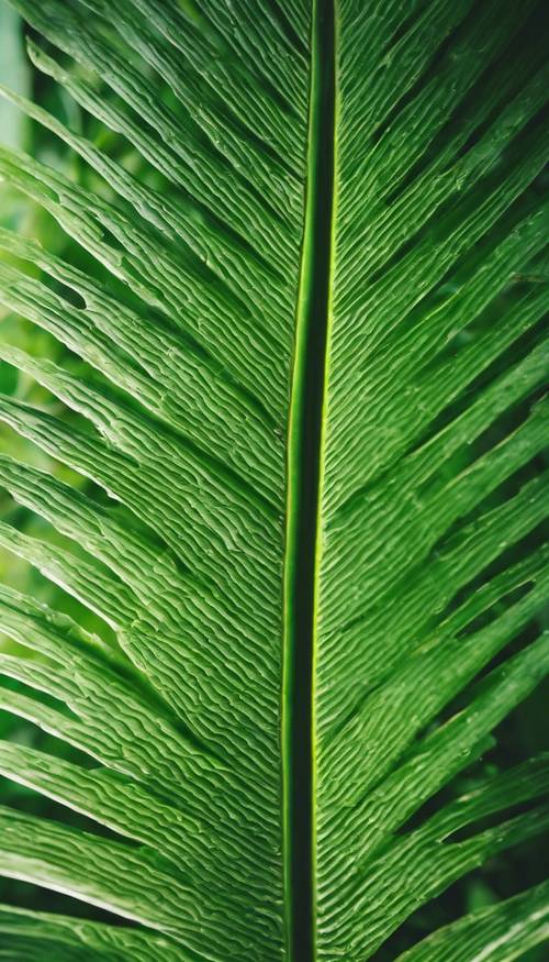 Eine Nahaufnahme der geäderten Details eines leuchtend grünen Palmenblattes.
