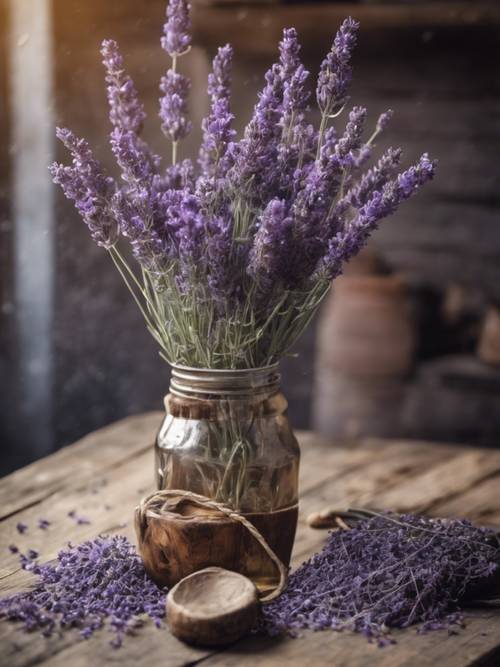Sebuah meja kayu tua bergaya pedesaan dengan vas penuh lavender segar di atasnya.