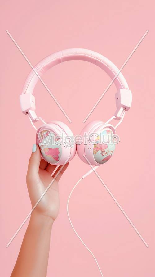 可愛的粉紅色耳機，色彩繽紛的世界地圖設計