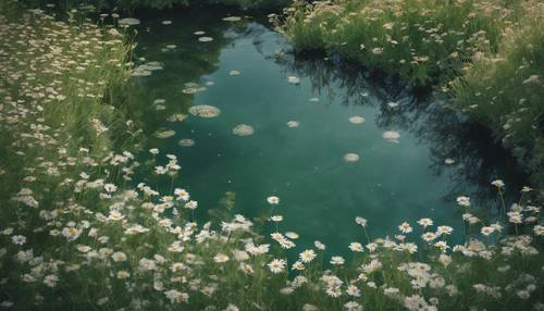 An overhead shot of a serene pond surrounded by sage green daisies. Tapeta [69cc7353a82a4ccab3d1]