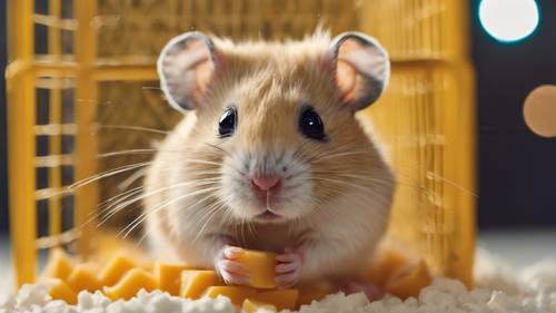 An endearing beige hamster with sparkling eyes, nibbling on a tiny piece of cheese in a yellow hamster cage.
